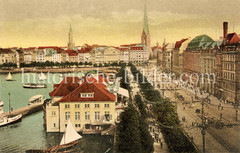 Blick auf den Alsterpavillon am Jungfernstieg, im Hintergrund der Alsterdamm  - historisches Foto aus dem Hambuger Stadtteil Neustadt, Bezirk Hamburg Mitte.