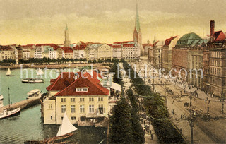 Blick auf den Alsterpavillon am Jungfernstieg, im Hintergrund der Alsterdamm  - historisches Foto aus dem Hambuger Stadtteil Neustadt, Bezirk Hamburg Mitte.